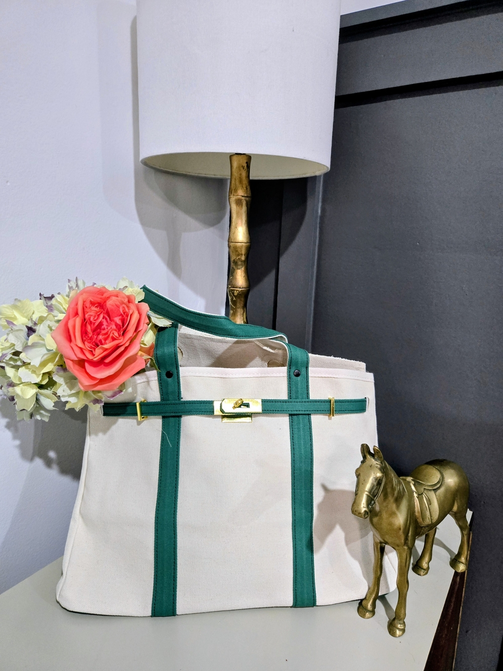 Stylish Canvas Boat Tote - Cream & Forest Green, NEW